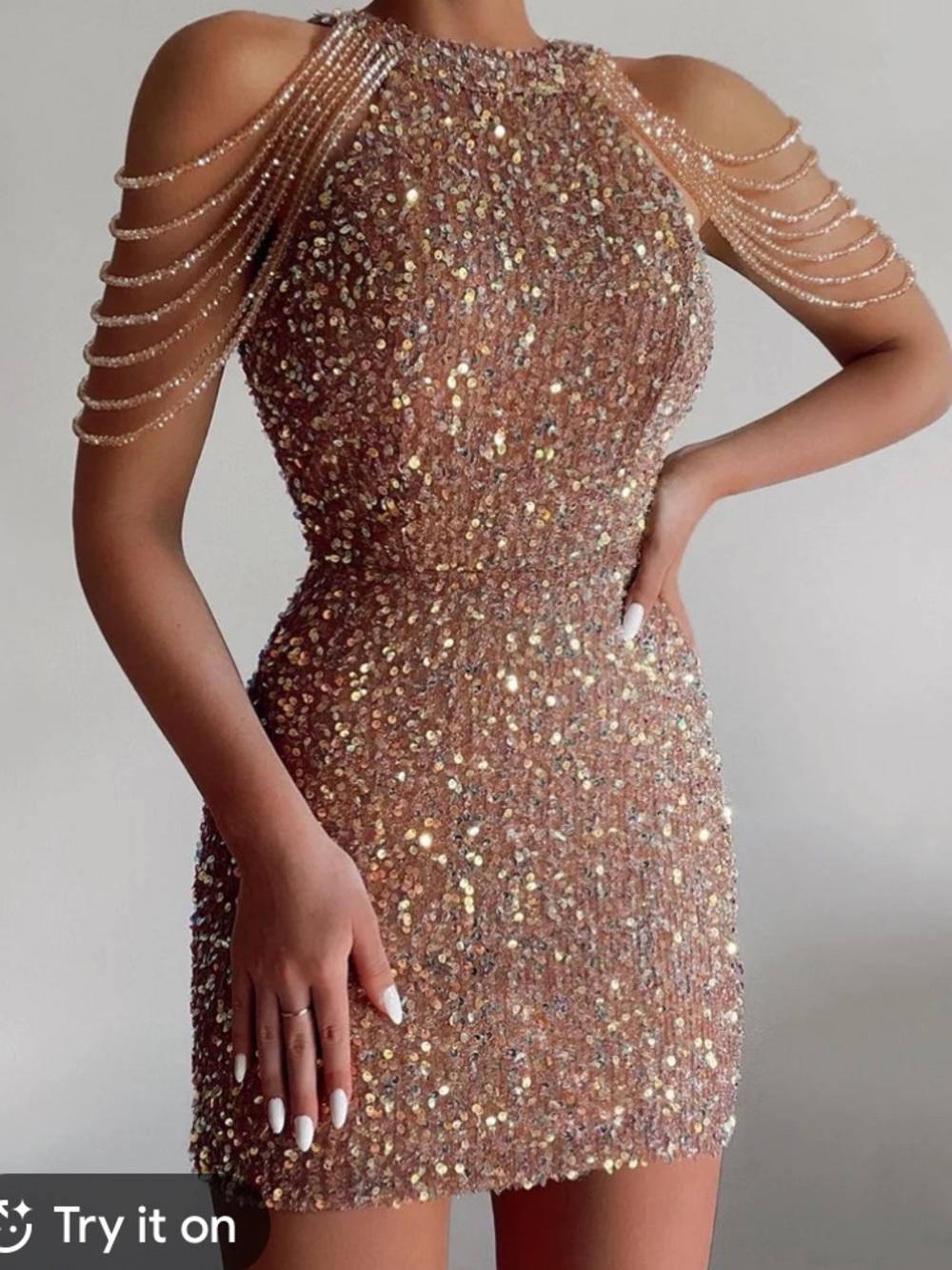 Sequin Cold-Shoulder Mini Dress in Rose Gold